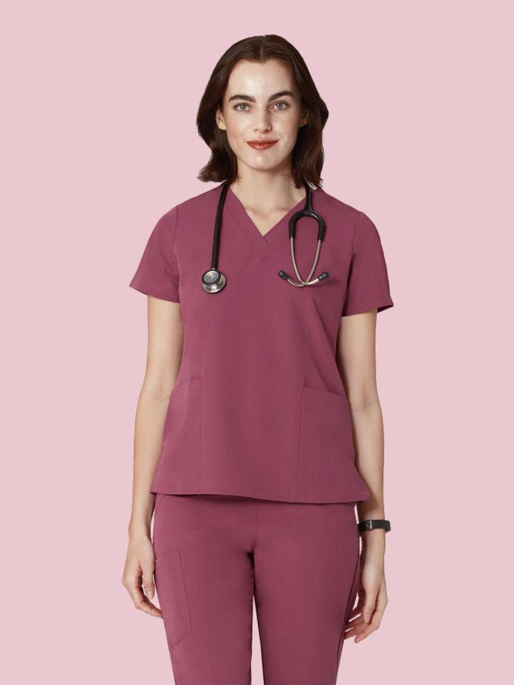 NWOT Mandala 6 Pocket Top + 9 Pocket Cargo Scrub Set Deep Mauve M Petite